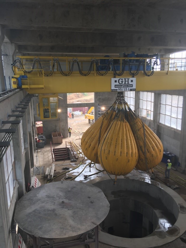 Testing of powerhouse crane - 3 x 35 ton balloons. Photo: Liberia Electricity Corporation