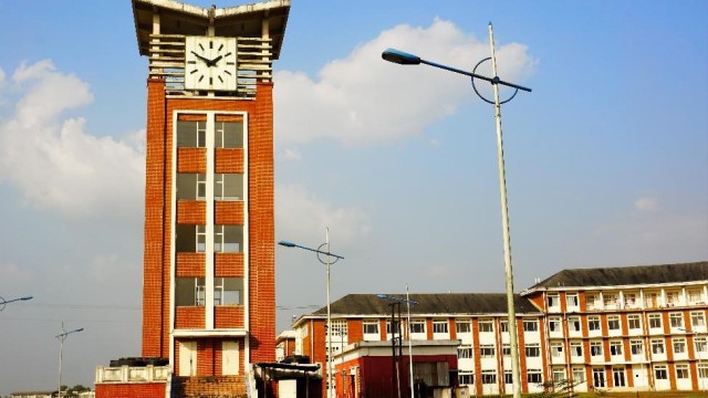 The clock tower at the University of Liberiaâ€™s Fendell campus, constructed by a Chinese company. Photo: Jefferson Krua