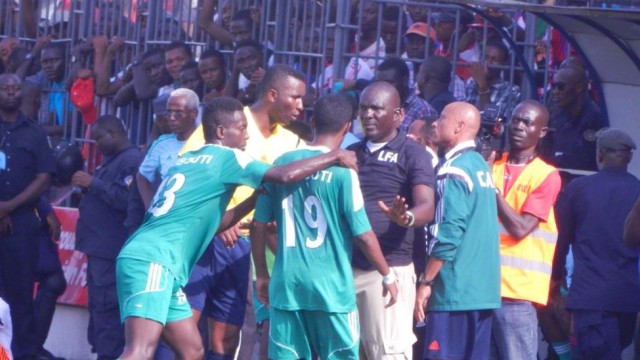 Commotion on the field after a disallowed Djibouti goal. Photo: T. Kla Wesley, Jr.