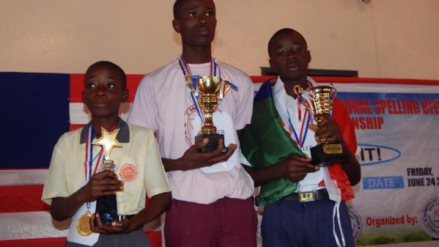 L-R, Joetay Boyah, Abraham Tarplah and Jackson Waylee, Champion, Second Place and Second Runner-up winners of the 8th National Spelling Bee Competition. Photo: Gbatemah Senah